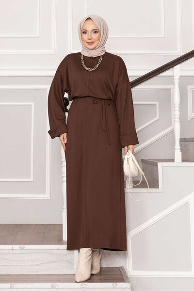 EBRUTESETTÜR فستان ناعم بحزام وتفاصيل أكمام قابلة للطي