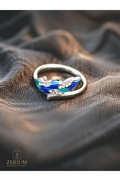 ZERİUM Mystic Feather – Silver Blue Green Stone Adjustable Women's Ring