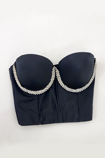 FashionForYou Cearly push-up corset, with handmade crystal applications and adjustable straps, Black