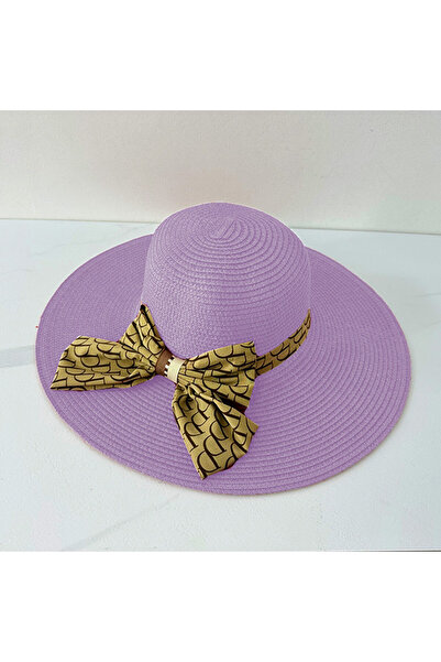 FashionForYou Women's beach hat, Happy, straw with bow, Purple