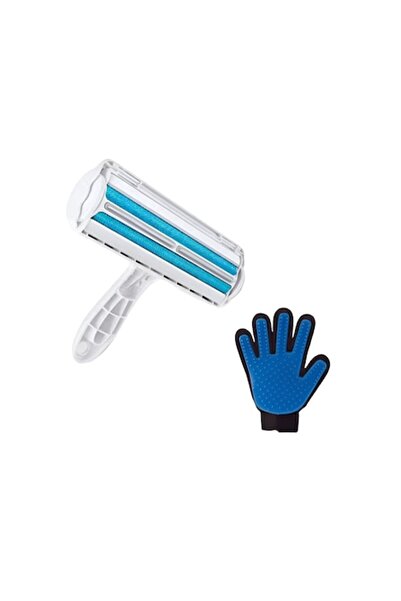 NEO Pet Roller Brush with Hair Collector + Silicone Grooming Glove (Right-Handed, Blue/Black)