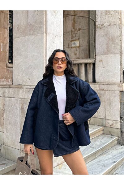 Ekim Store Lacivert Çoban Düğmeli Peluş Denim Mont