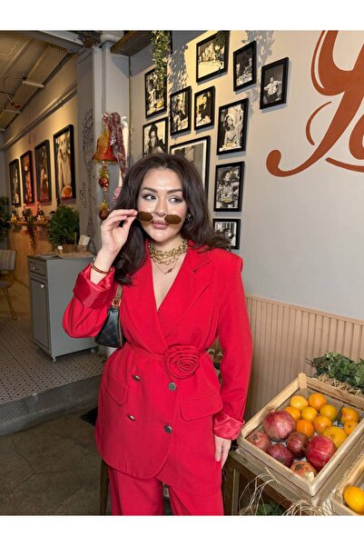 SUXİRCNHTMTS Double Kumaş Gümüş Düğmeli Gül Detaylı Kadın Takım Elbise