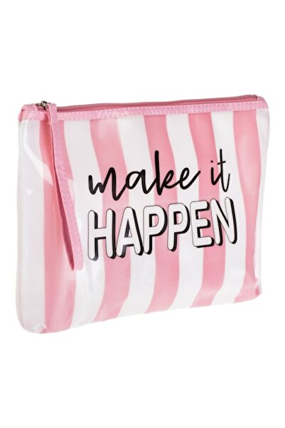 OEM Trousă cosmetică roz cu dungi „Make it Happen” și mâner, 31x3x21cm