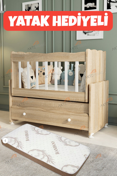 Aktehome YATAK HEDİYELİ Çekmeceli Sallanır Anne Yanı Bebek Beşiği Beyaz