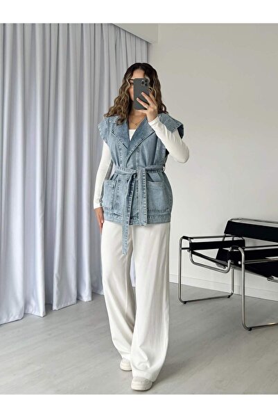 MissPul Belted Luxury Quality Light Blue Denim Vest Jacket with Pocket Detail