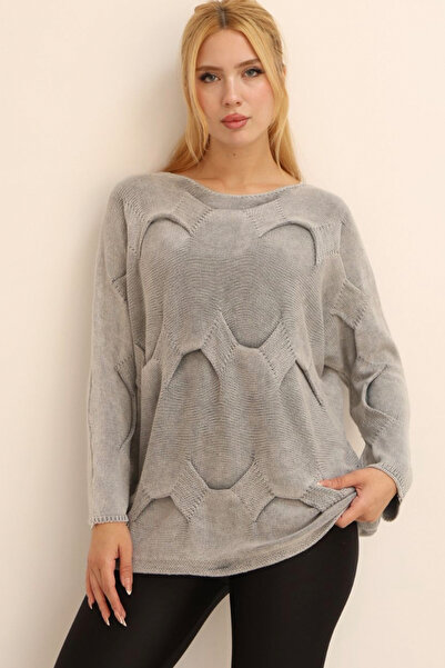 AYASOFYA OTANTIK Women's Gray Round Neck Goemetric Pattern and Distressed Detail Loose Cotton Knitwear Sweater Blouse