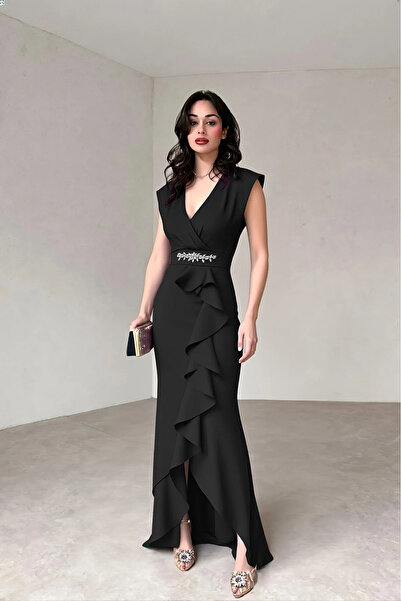 Butik Women's Black V-Neck Glittering Stone Detailed Flared Evening Dress