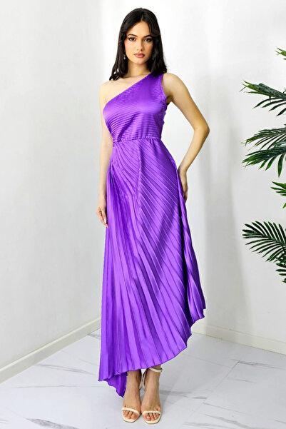 FashionForYou Elza asymmetrical pleated dress, with cutout at the waist, Purple