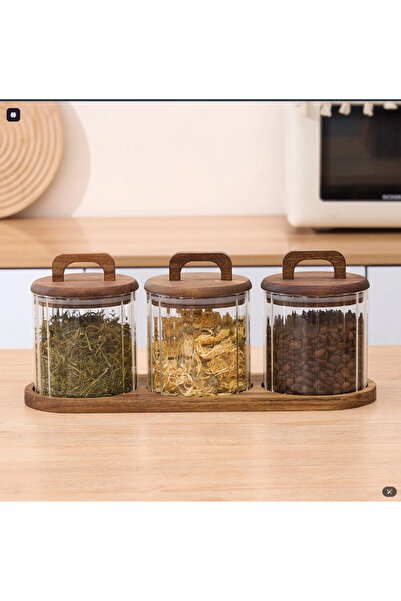 Vera Bambu Üçlü Akasya Standlı Cam Kavanoz Seti – Vakum Kapaklı, Şık Ahşap St...