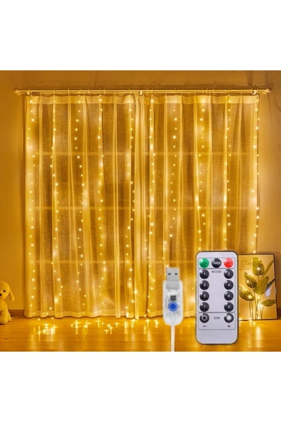 EMATTEIRO Christmas Curtain Installation 3x3m, 300 LED, USB, 8 Modes, Remote Control, Warm White