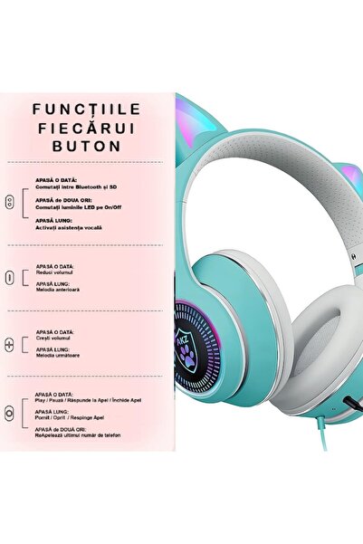 MOOD ( BE AUTHENTIC ) MOOD Cat Ear Wireless Headphones K27 - Bluetooth 5.0, RGB LED, Foldable, TF Card, FM Radio (Turquois