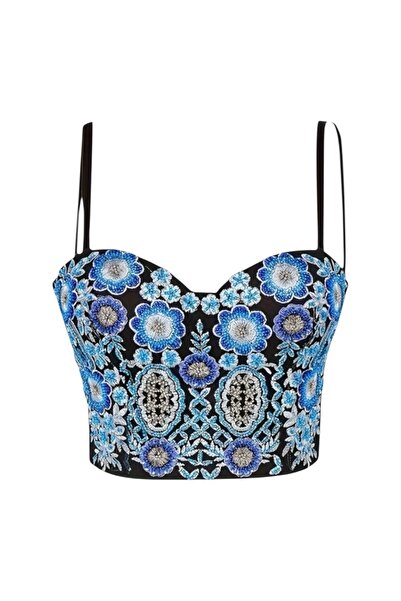 Valoria Stil Mavi Çiçek Desenli Boncuk İşlemeli Siyah Büstiyer Korse