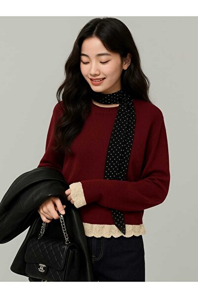 MODASPARK Burgundy guler rotund supradimensionat Pulover de damă cu detalii din dantelă