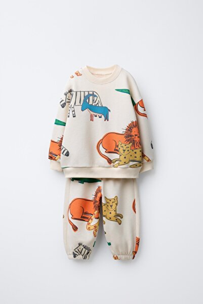 Magu Unisex Kids Cotton Cream Safari Animal Patterned Sweatshirt and Jogger Tracksuit Set