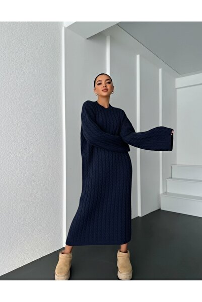 FLEX FASHION Велосипедний комір, плетені коси, довга, модна трикотажна сукня, СИНЯ