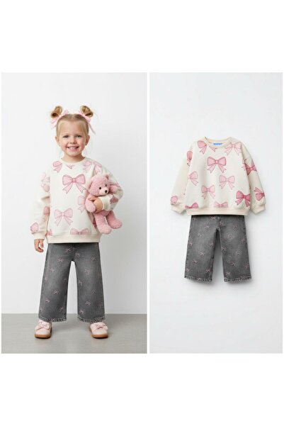 Magu Girl's Cotton Cream Pink Bow Patterned Sweatshirt and Gray Embroidered Jean Set - Casual Stylish Combination