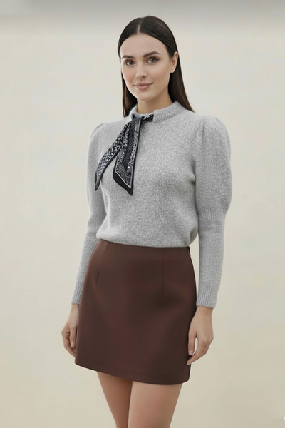 Safgiyim44 Long Sleeve Scarf Detail Fleece-Lined Sweater Gray