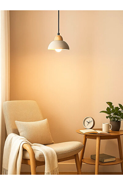 MARIA HOMES Modern Gray Pendant Light – Concrete and Wood Hanging Lamp for Living & Dining Room