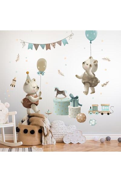 WALLHUMAN Ayıcık ve Balonlar Ülkesi Duvar Sticker Seti, Çocuk Odası, Bebek Od...