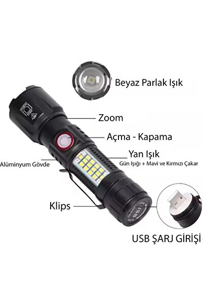 Genel Markalar Ws-2828 Ultra Usb Şarjlı Polis El Feneri, Bekçi, Asker El Feneri Kırmızı Mavi Çakarlı 1000 Lümen