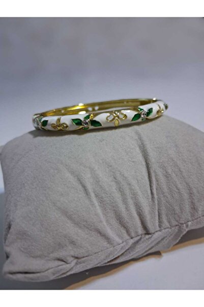 MODA MANANI Green Leaf White Patterned Enamel Handcuff Bracelet