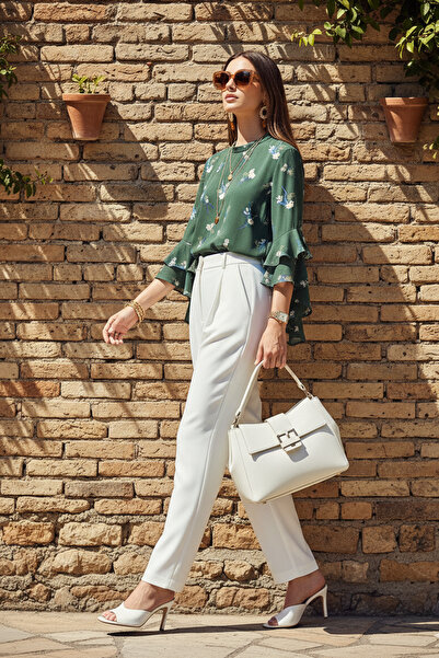 FASHION COCKTAIL Double Layered Ruffles on the Sleeves Buttoned at Neck Spring Patterned Short Office Chiffon Women's Shirt Blouse