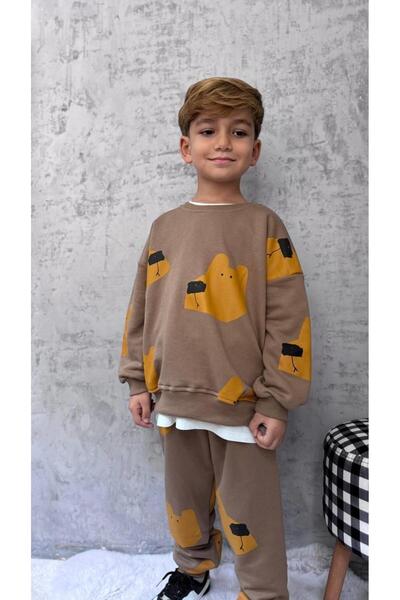 Magu Boys' Cotton Brown Bear Print Sweatshirt and Jogger Tracksuit Set - Comfortable Casual Style