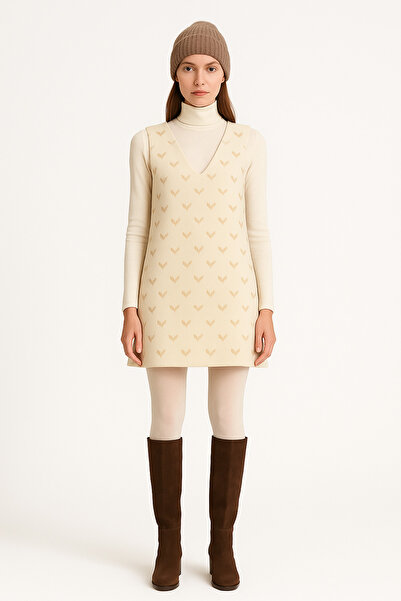 Misue Handmade Women's Winter V-Neck Jile Dress, Heart Pattern Sleeveless Dress, V-Neck Chic Mini Model, Winter Dress