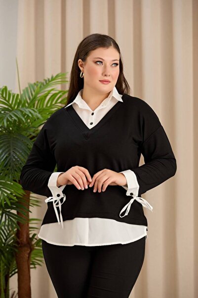 MODA Bluză de damă cu guler tip cămașă și manșete negre, mărime mare