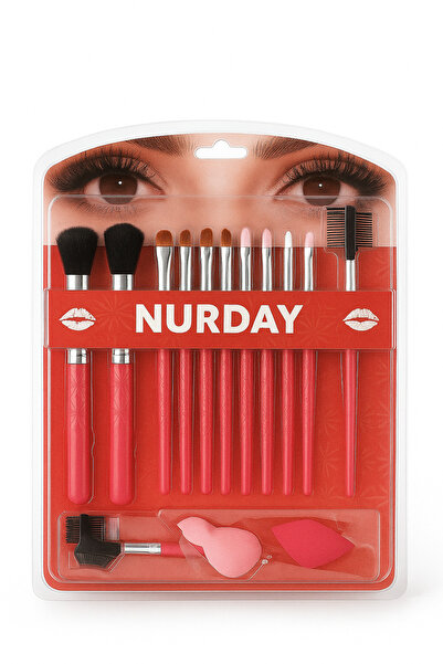 NURDAY Set de pensule de machiaj profesionale roz, 12 piese și burete
