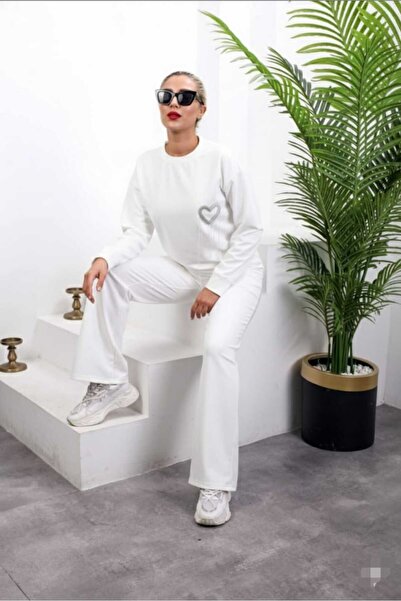 aytenli Round Neck Beaded Heart Figured Single Jersey Casual Sports Set