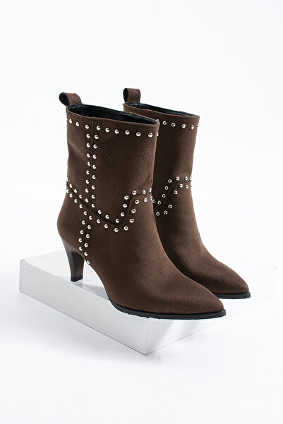 es exello Tonale Thin Heeled Trok Detailed Brown Suede Boots