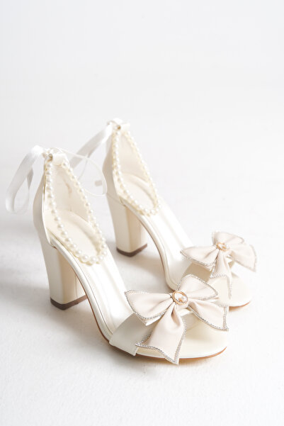 FOLLOWIN Women's Pearl Bracelet Bow Thick Heeled Bridal Shoes
