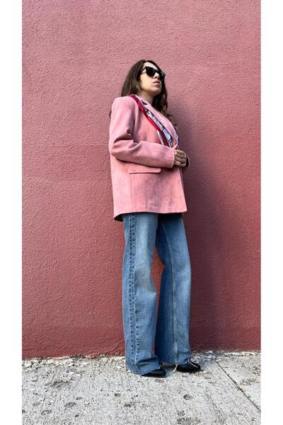 Gizybutik Pembe Süet Tek Düğmeli Kadın Ceket