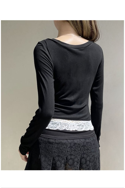 Köstebek Long Sleeve Button down Blouse with White Lace on the Collar and Waist