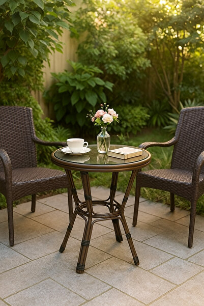 MARIA HOMES Round Rattan Coffee Table – Brown Outdoor & Indoor Table with Glass Top