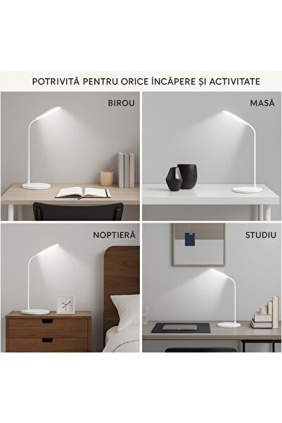 ABS LED USB Rechargeable Desk Lamp, 3 Light Levels, 360° Flexible Arm, White