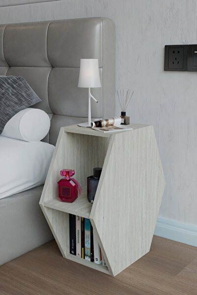 alpaevmobilya Altıgen Tasarım Komodin, Modern Yatak Odası Başucu Sehpası, Dekoratif Kitaplık, Raflı Komodin