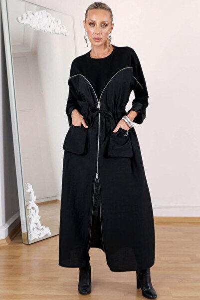 AYASOFYA OTANTIK Kadın Siyah Üst Tarafı Modal Kumaş Alt Tarafı Paraşut Kumaş Fermuar Kapamalı Uzun Elbise