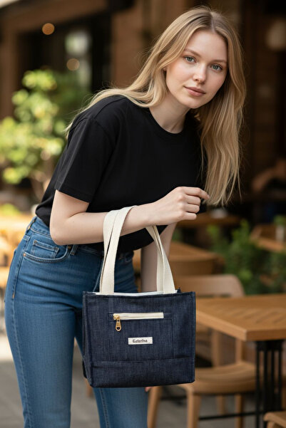 Caterina Collection Fermuar Detaylı Navy Blue Kanvas el çantası