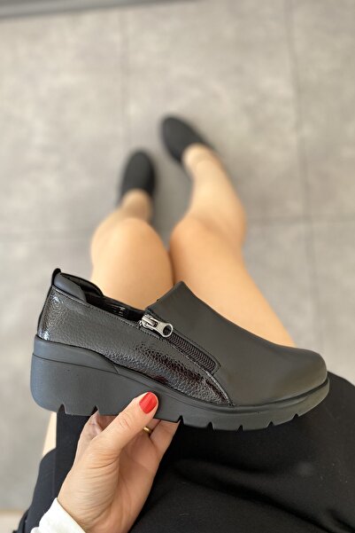 Tamdabu Ayakkabı Genuine Leather Black Padded Heel Orthopedic Women's Shoes T...