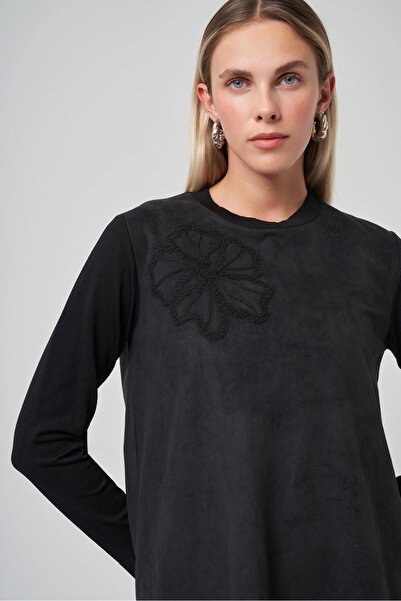 Nuss 3004 Floral Embroidered Sleeves Knitwear Nubuck Tunic