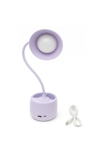 ABS LED desk lamp with pen holder, USB rechargeable, 3-step dimming, flexible arm, 39 cm, Lavender