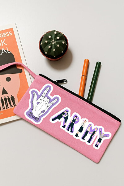 lovver Geantă de machiaj din pânză imprimată BTS Group, suport pentru pix, ge...