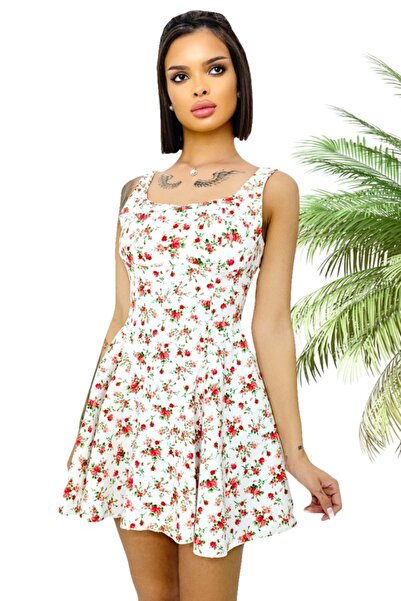 FashionForYou MARA babydoll dress, with bow at the back and floral print, White