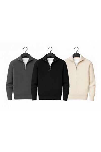 Pinem Pachet de 3 pulovere pentru bărbați, cu material reiat jumătăți de ferm...