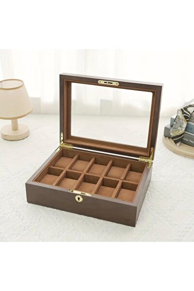 zyc Premium Special Series Wooden 10-Slot Watch Storage Box with Glass Lid & Lock 26X20X8 cm