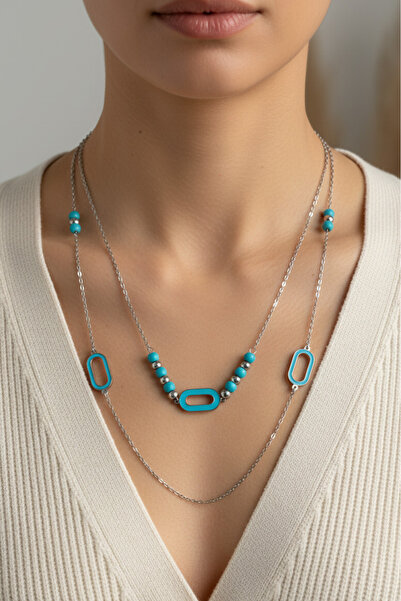 Modacaprea قلادة فولاذية مزدوجة باللون الفيروزي 45 سم |   قلادة نسائية من الف...