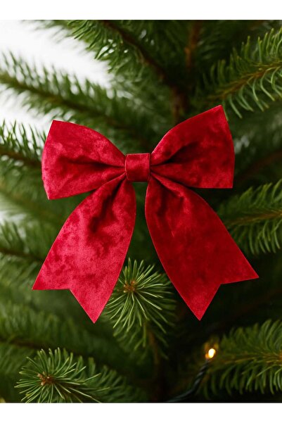 Parti Adresi Yılbaşı Ağaç Süsü Kadife Fiyonk Asmalı Dekor Süsü Kırmızı 19 cm